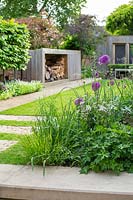 A contemporary city garden with a border of alliums, purple mullein and cow parsley in front of a lawn and wood store