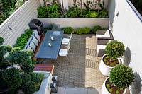 Small urban garden with dining area and BBQ, surrounded by white containers planted with Laurus nobilis trees standards, and raised beds with Trachelospermum jasminoides, Ilex crenata 'Blondie' - Bonsai and herbs.