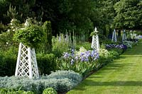 Border in country garden planted with irises, with white obelisks at regular intervals along grass path.