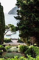 Formal gardens with ocean view, at Villa Agnelli Levanto, Italy.