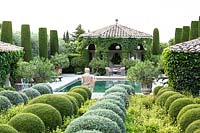 Mixed topiary beside the swimming pool with figurative sculpture.  The garden focuses on perfumed evergreens 