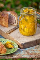 Piccalilli - garden pickle - in a kiln jar. Ingredients include cauliflowers, courgettes, cucumbers, turmeric and mustard