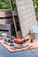 Tools and materials required to make a pallet table with intergral planter