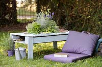 Table made out of a wooden pallet with central planter planted with mixed herbs in summer country garden with cushions.
