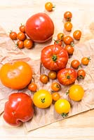 Red and yellow tomatoes including Tomatoe 'Golden Sunrise' and Cherry tomato 'Sungold'