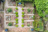 View over the formal vegetable garden. Veddw House Garden, Monmouthshire, Wales, UK. Garden designed and created by Anne Wareham and Charles Hawes. 