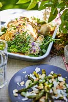 Roast chicken plus salad with asparagus, broadbeans, cheese and nuts 