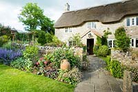Thatched farmhouse framed by walls and lush planting including Erigeron karvinskianus, roses and catmint 