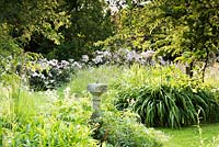 Orchard with long grasses dotted with hardy geraniums and ox-eye daisies with central sundial in June