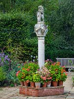 The Scottish Sundial with Geranium display at Old Vicarage Gardens, East Ruston 