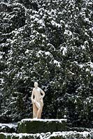 Statue against a snow-covered conifer