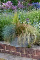 A galvanised metal tub planted with ornamental grasses. 