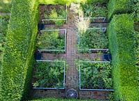 Small formal garden surrounded by clipped Taxus baccata.  Brick pathways through beds. 