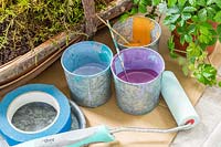 Tools and materials required to make a painted wooden planter