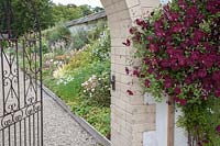 Arched, 'Italian-style' entrance to walled garden, with flowering Clematis viticella 'Kermesina'. 