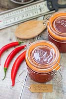 Chilli jam in kilner jar, chillies and tools for jam making with French label. 