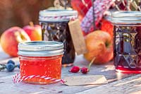 Selection of jams and jellys in Autumn with apples - English labels