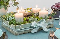 Advent arrangement in wooden box with carved pillar candles and succulents being used as a centrepiece on a dining table 