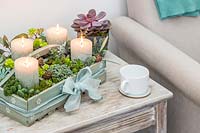 Advent arrangement in a wooden box with carved pillar candles and succulents on coffee table