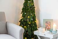 Space saving Christmas Tree made with pine - Abies and conifer - Juniperus foliage attached to a willow obelisk and decorated with star decorations and lights in a modern living room setting with chair and side table