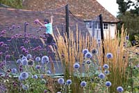 Echinops, Verbena bonariensis and Calamagrostis acting as a plant barrier camouflaging garden trampoline