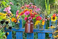 Milk can with zinnias, cleome and verbena hanging on a fence.