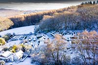 Aerial view of snow covered Veddw House Garden, Monmouthshire, Wales, UK.