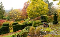 A boat race starting canon on a stone terrace overlooking taxus baccata and  autumn foliage at High Moss, Portinscale, Cumbria, UK