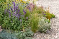 Stipa tenuissima and Nepeta in gravel garden with other drought resistant plants. Beth Chatto: The Drought Resistant Garden, Hampton Court Flower Festival, 2019.

