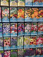Seed rack with packets of flower seeds for sale at a garden nursery 