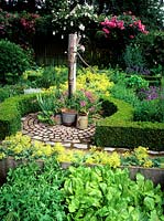 View over vegetables and edging of Alchemilla mollis to curved low hedging around a paved focal point with hand pump and container display