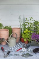 Steel rods, tensioners, hooks, connectors, nuts, washers, screwdriver, spanner, watering can, pencil, terracotta pots, plants and compost laid out on a wooden surface