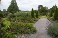 The Upper Walled Garden, view along wide path with flower beds and Taxus - Yew - topiary on either side - Designer: Penelope Hobhouse - June
