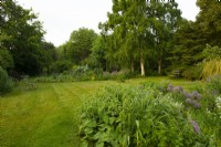 Mixed borders of Allium 'Globemaster, Phlomis russeliana, Betula with wooden benches on the lawn