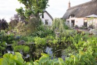 View of the garden with pond in foreground backed by thatched cottages