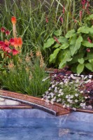 A rill flowing into a pool. Planting including Persicaria amplexicaulis 'Fire Dance', Erigeron 'Lavender Lady, Sedum 'Jose Aubergine', Kniphofia and Miscanthus sinensis. Finding our Way: An NHS Tribute Garden at RHS Chelsea Flower Show 2021 