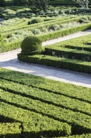 View over the Box Parterre of lines of clipped hedges separated by dirt paths.  Lisbon, Portugal, September.