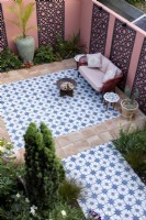 Aerial view of Moroccan style patio in suburban garden