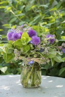 Posy of herbs in a glass jar with raffia bow - chives; mint; borage and thyme