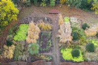 Large area of garden planted with several different ornamental grasses in blocks; image taken with drone. November. Autumn.