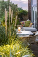 A balcony dining area is sheltered by planters of evergreen  pittosporum, loquat and olive trees, interspersed with ornamental grasses and pampas grass.