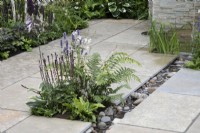 'Woodland Fall' at BBC Gardener's World Live 2021 - small pebble filled rill between paving slabs with perennials 