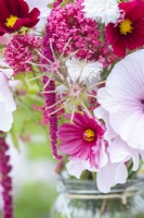 Bouquet containing Lavatera 'Dwarf Pink Blush', Centaurea cyanus 'Ball White' - Cornflower, Amaranthus caudatus 'Love-Lies-Bleeding', Cosmos 'Rubenza', Centranthus ruber and Nigella seed pods