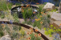 Vibrant drought-tolerant planting with perennials and annuals in gravel garden punctuated with rocks and a circular pond - Echinacea 'Big Kahuna', Verbena rigida, Crocosmia 'Firestarter', Coreopsis verticillata 'Moonbeam', Eryngium x zabelii 'Big blue' - Over The Wall Garden, supported by Takeda.  RHS Hampton Court Palace Garden Festival 2022.  Designer:  Matthew Childs
