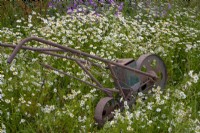 Antique seed drill discarded in agricultural field corner