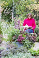 Woman sitting at a table reading on a patio behind large container planted with Delphinium 'Highlander Flamenco', Salvia 'Rockin Fuchsia', Erica gracillis, Heuchera 'Chocolate Ruffles', Stipa arundinacea and Ivy hedera