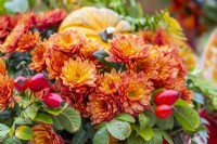 Fern, Ivy, Chrysanthemums, Rosehips and Squash in red container