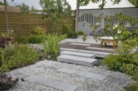 Raised meditation platform in The Memories of Mountains Garden Retreat Garden at BBC Gardeners World Live 2022