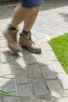 Detail of path and paving made with natural stone blocks set in cement next to lawn. June