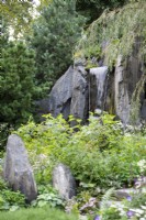 Waterfall cascading over rocks - Bodmin Jail: 60 Degrees East - A Garden between Continents, RHS Chelsea Flower Show 2021